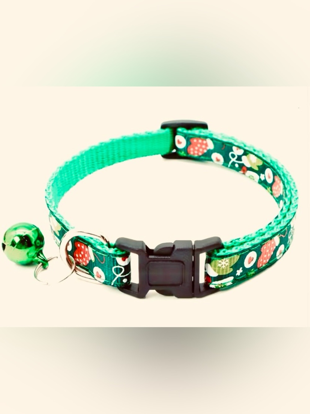 Cat or small dog collar with mitten pattern - Green/red with bell